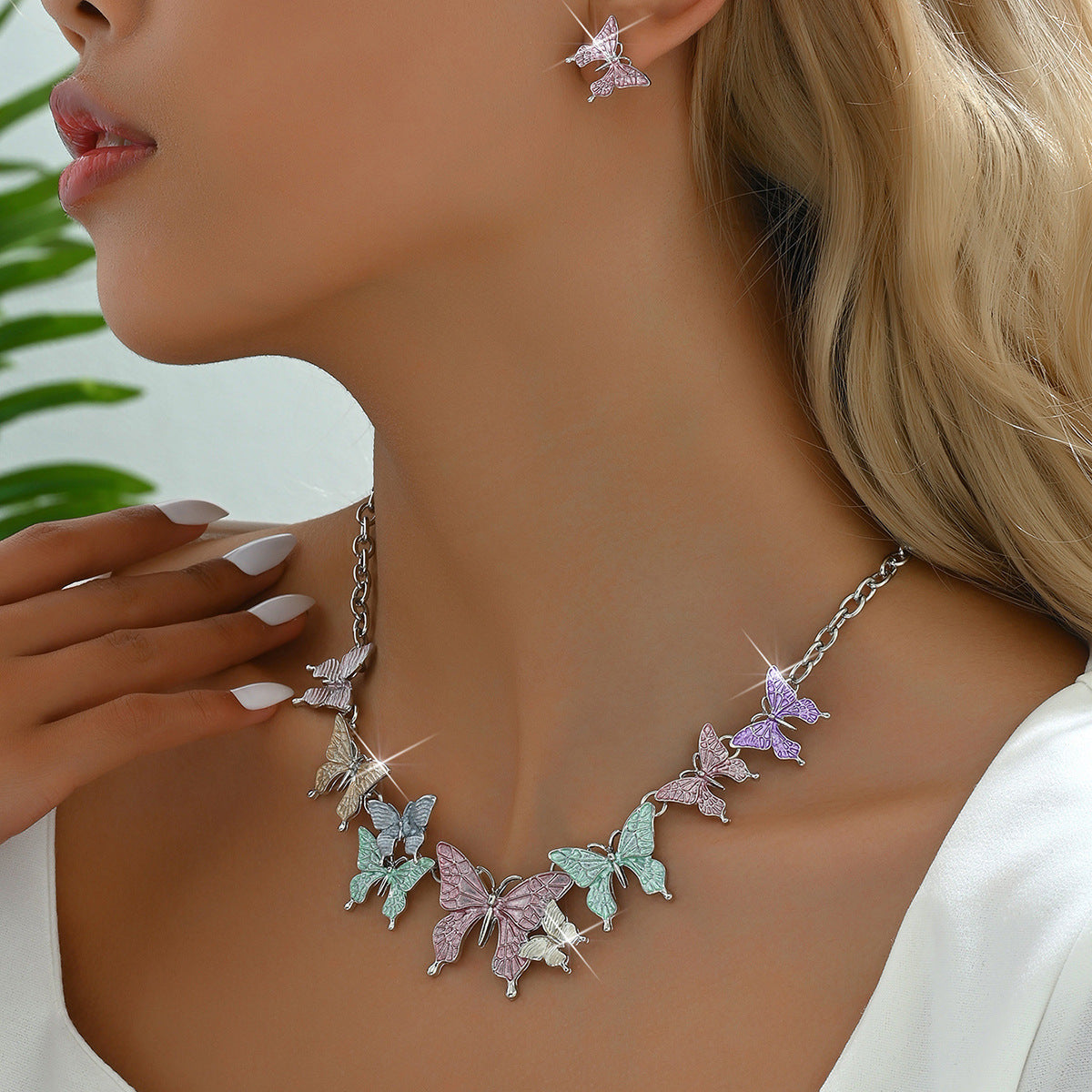 Wholesale New Colorful Butterfly Necklace Earrings Fresh and Sweet Jewelry Set